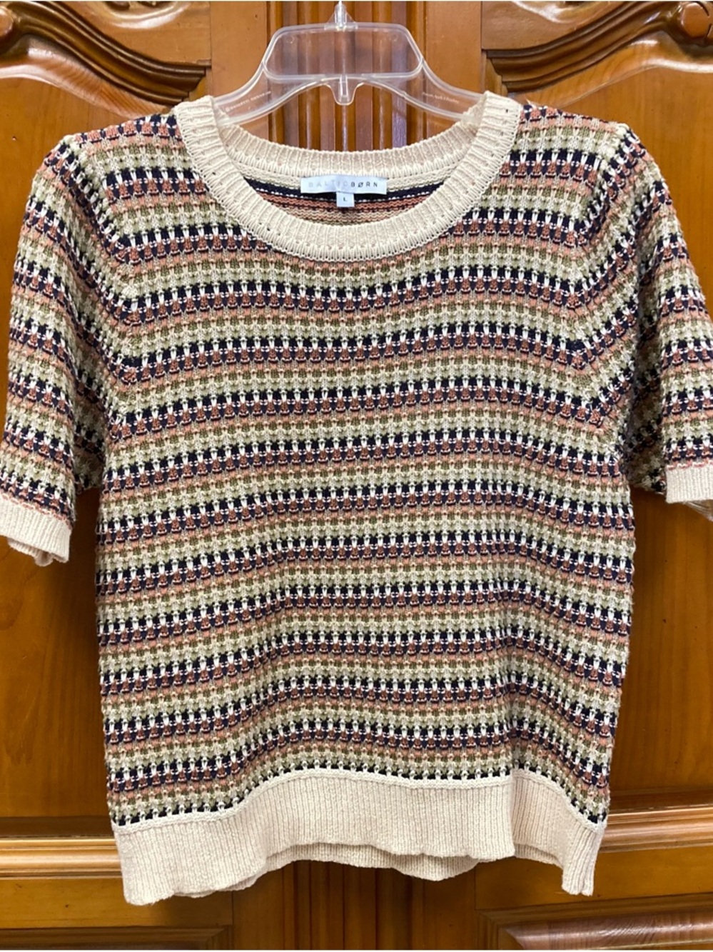 Baltic Born Textured Stripe Knit Top Cream Multicolor Short Sleeve Size L